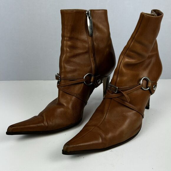 Sergio Rossi Tan Leather Ankle Boots Women Sz. 6 36 Buckle Detail Made in Italy - Picture 8 of 11